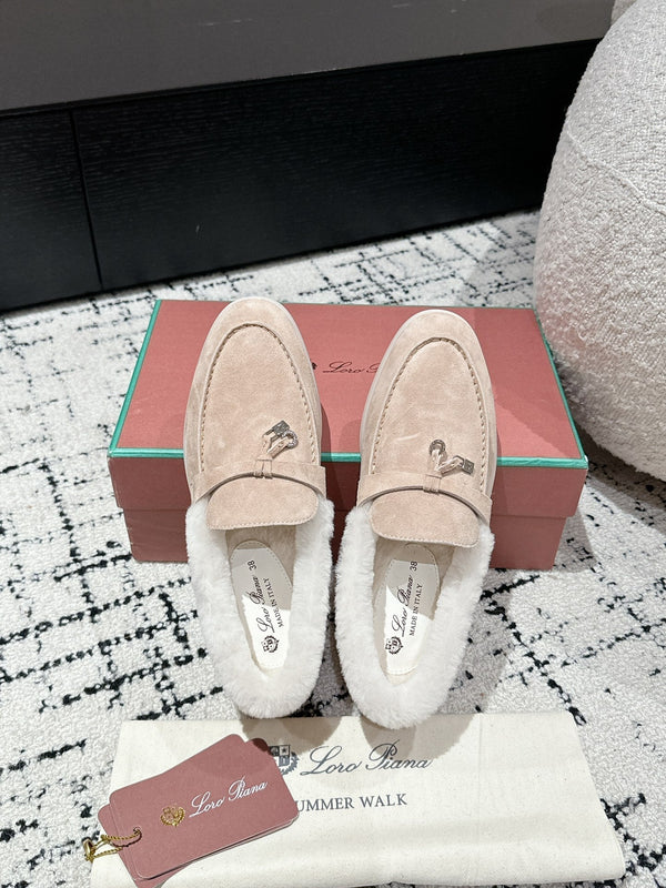 LP Summer Charms Walk Loafers In Almond Beige Mix White Suede With Rabbit Fur Lining 985648