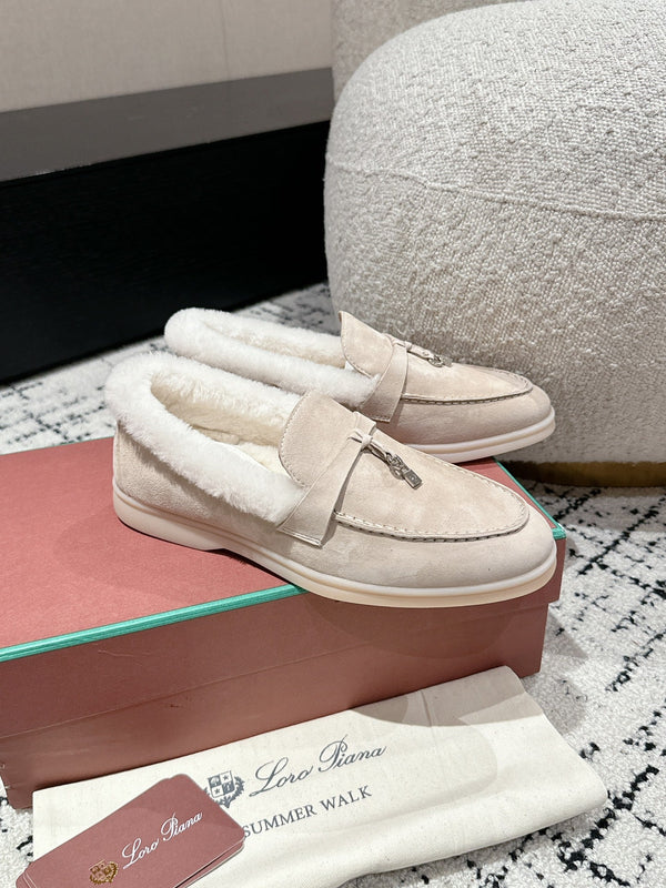 LP Summer Charms Walk Loafers In Light Beige Mix White Suede With Rabbit Fur Lining 985650