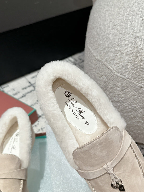 LP Summer Charms Walk Loafers In Light Beige Mix White Suede With Rabbit Fur Lining 985650