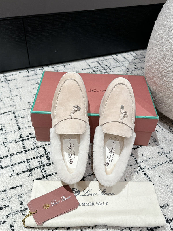 LP Summer Charms Walk Loafers In Light Beige Mix White Suede With Rabbit Fur Lining 985650