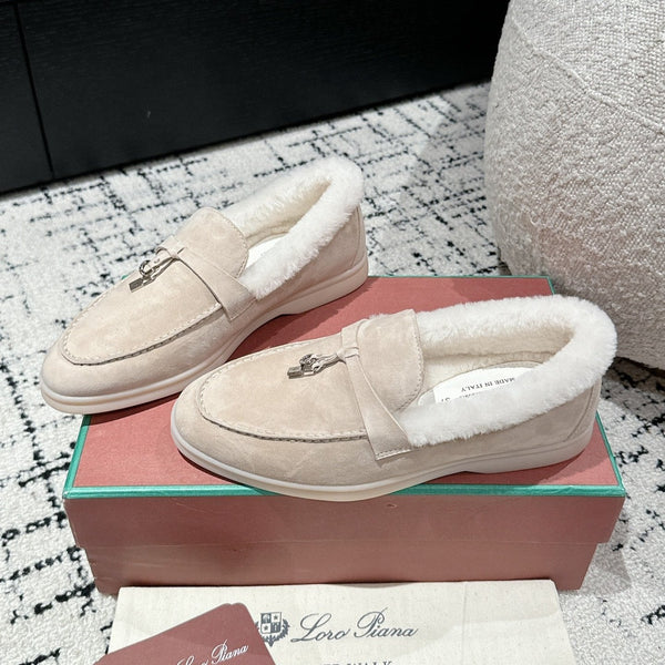 LP Summer Charms Walk Loafers In Light Beige Mix White Suede With Rabbit Fur Lining 985650