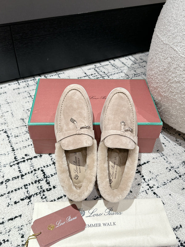 LP Summer Charms Walk Loafers In Light Brown Beige Suede With Rabbit Fur Lining  985651
