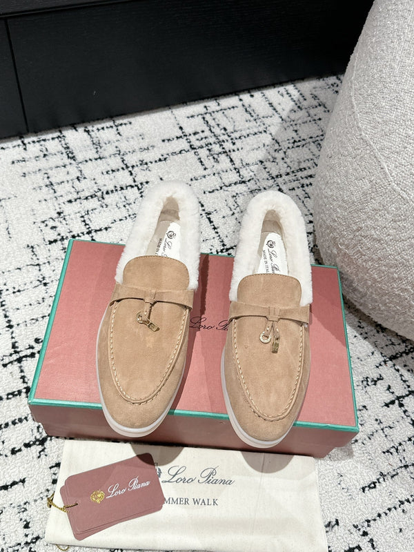 LP Summer Charms Walk Loafers In Dark Beige Mix White Suede With Rabbit Fur Lining 985652