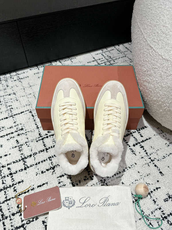 LP Tennis Walk Sneaker In Ivory White Mix Light Grey Lambskin Lined With Wool Fleece 985657