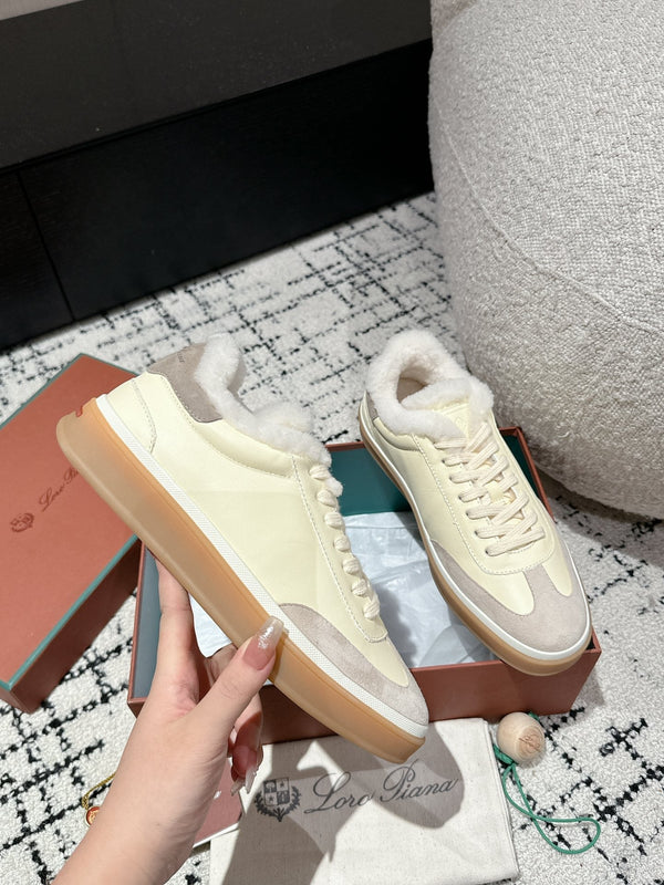 LP Tennis Walk Sneaker In Ivory White Mix Light Grey Lambskin Lined With Wool Fleece 985657