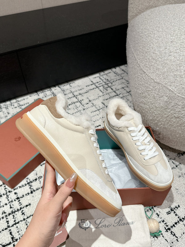 LP Tennis Walk Sneaker In Beige White Lambskin Lined With Wool Fleece 985660