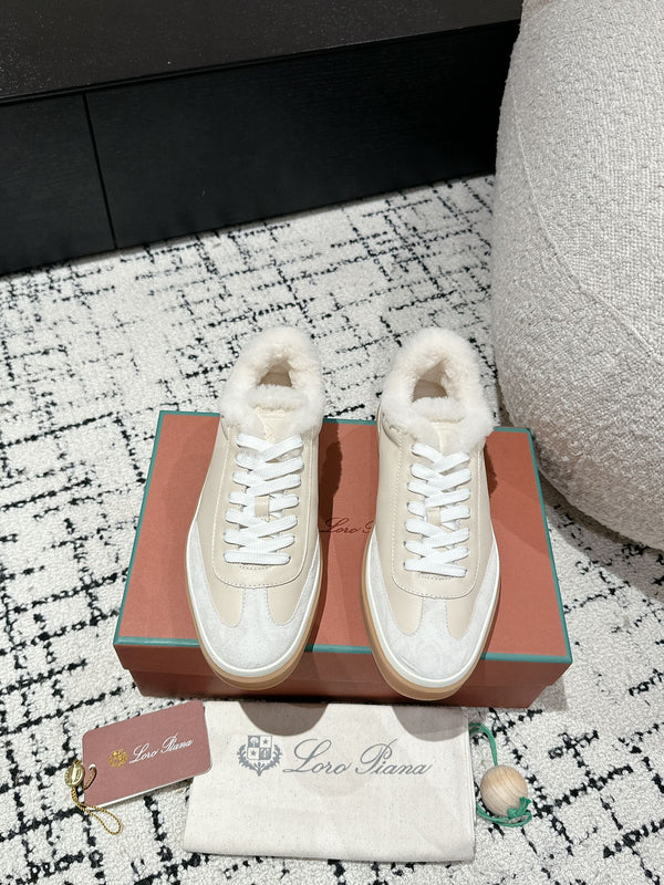 LP Tennis Walk Sneaker In Beige White Lambskin Lined With Wool Fleece 985660