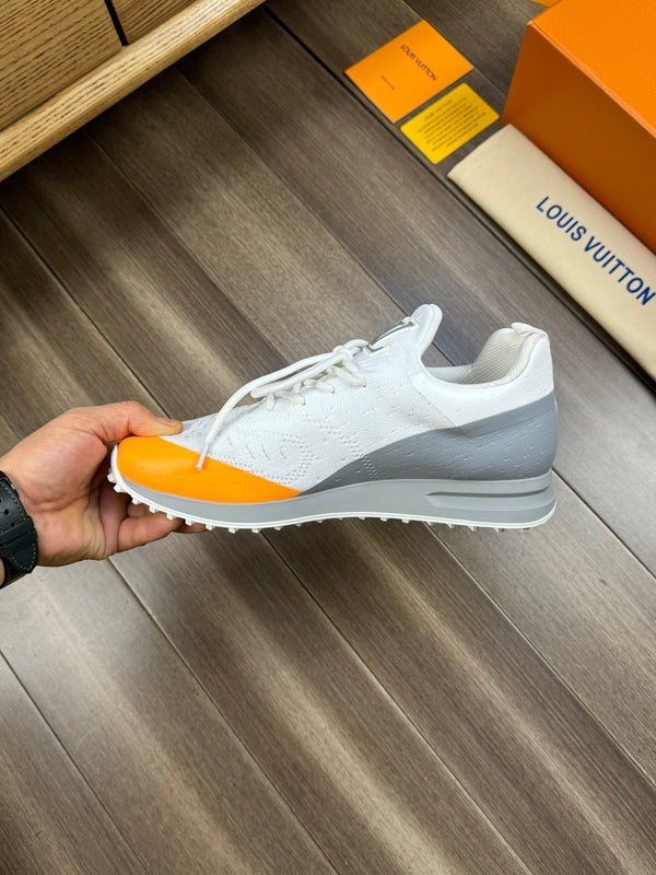 SNEAKERS IN WHITE MESH BREATHABLE FABRIC AND BLUE MIX ORANGE CALFSKIN