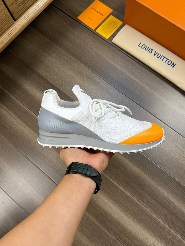 SNEAKERS IN WHITE MESH BREATHABLE FABRIC AND BLUE MIX ORANGE CALFSKIN