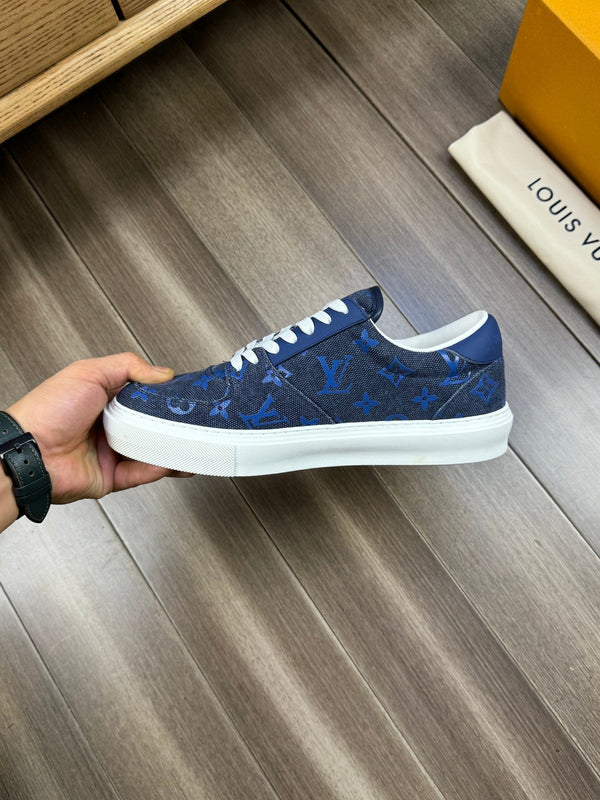 LV TRAINER SNEAKER IN BLACK MIX COBALT BLUE DENIM