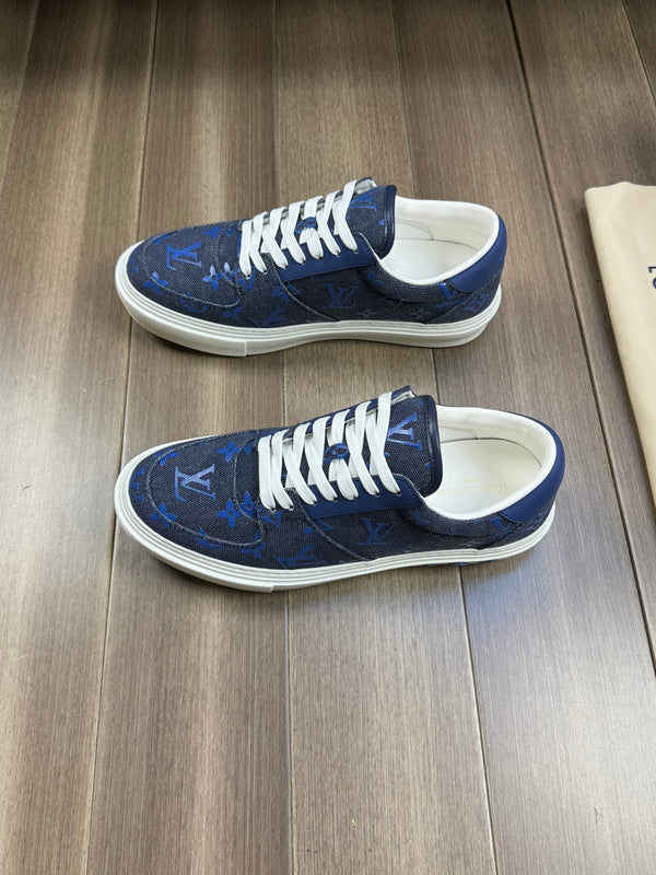 LV TRAINER SNEAKER IN BLACK MIX COBALT BLUE DENIM