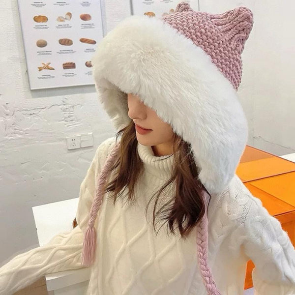 KNITTED BEANIE HAT IN LIGHT PINK WOOL WITH JAPANESE CAT EARS 421258