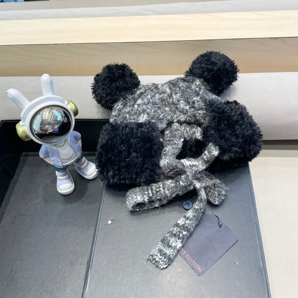 KNITTED BEANIE HAT IN BLACK MIX GRAY WOOL WITH CUTE BEAR EARS 422498