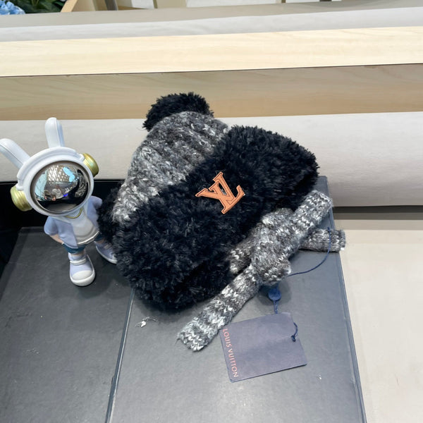 KNITTED BEANIE HAT IN BLACK MIX GRAY WOOL WITH CUTE BEAR EARS 422498