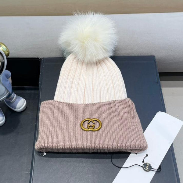 BEANIE HAT IN LIGHT BROWN MIX WHITE WOOL AND FOX FUR 422502