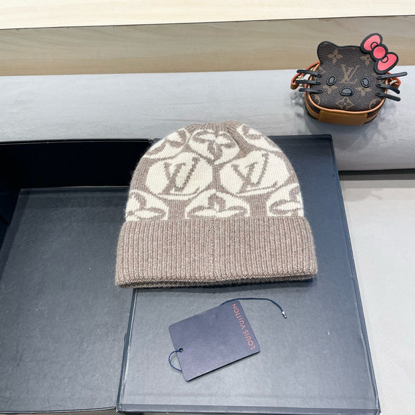 KNITTED BEANIE HAT IN BROWN MIX BEIGE WOOL AND RABBIT FUR 426244