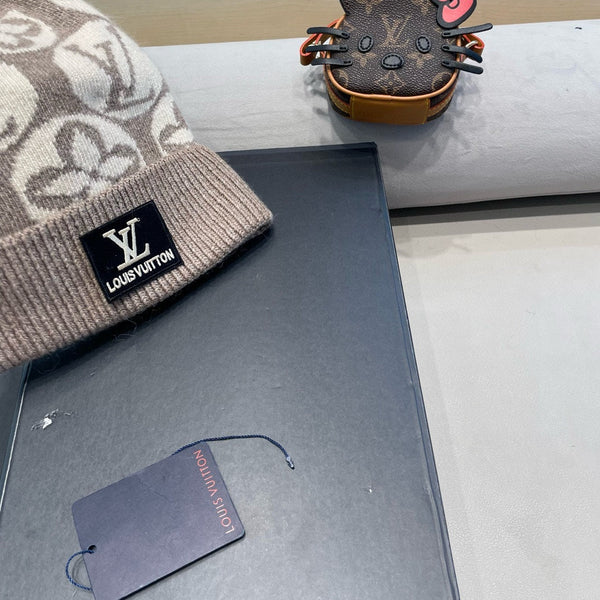 KNITTED BEANIE HAT IN BROWN MIX BEIGE WOOL AND RABBIT FUR 426244