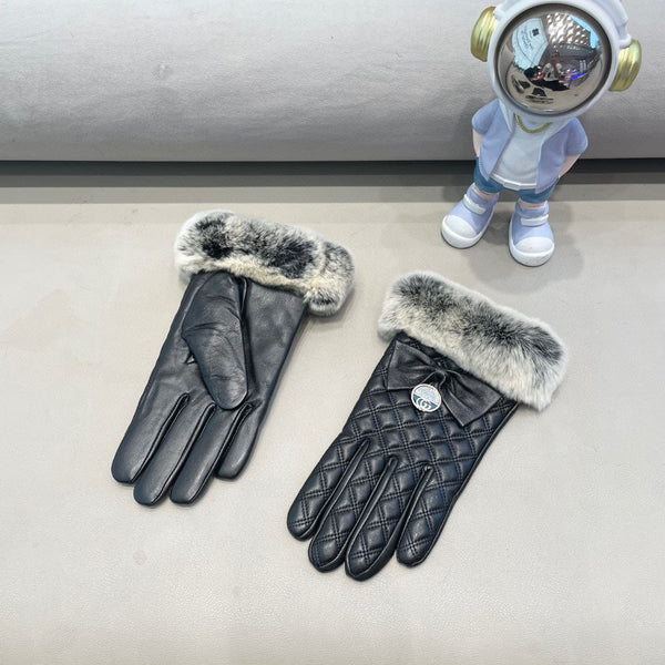 GUANTI TOUCHSCREEN CON FIOCCO IN PELLICCIA DI LAPINO NERO E PELLE DI AGNELLO 463796