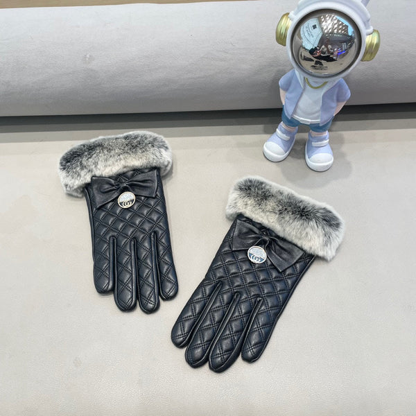 GUANTI TOUCHSCREEN CON FIOCCO IN PELLICCIA DI LAPINO NERO E PELLE DI AGNELLO 463796