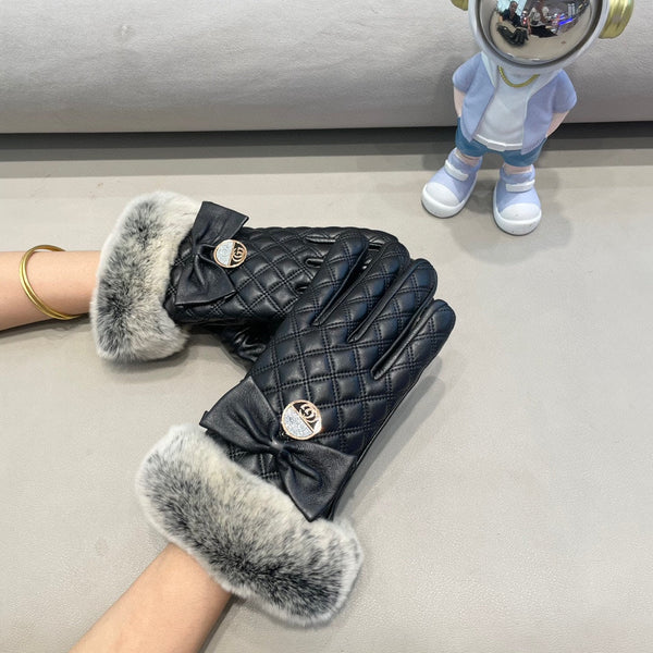 GUANTI TOUCHSCREEN CON FIOCCO IN PELLICCIA DI LAPINO NERO E PELLE DI AGNELLO 463796