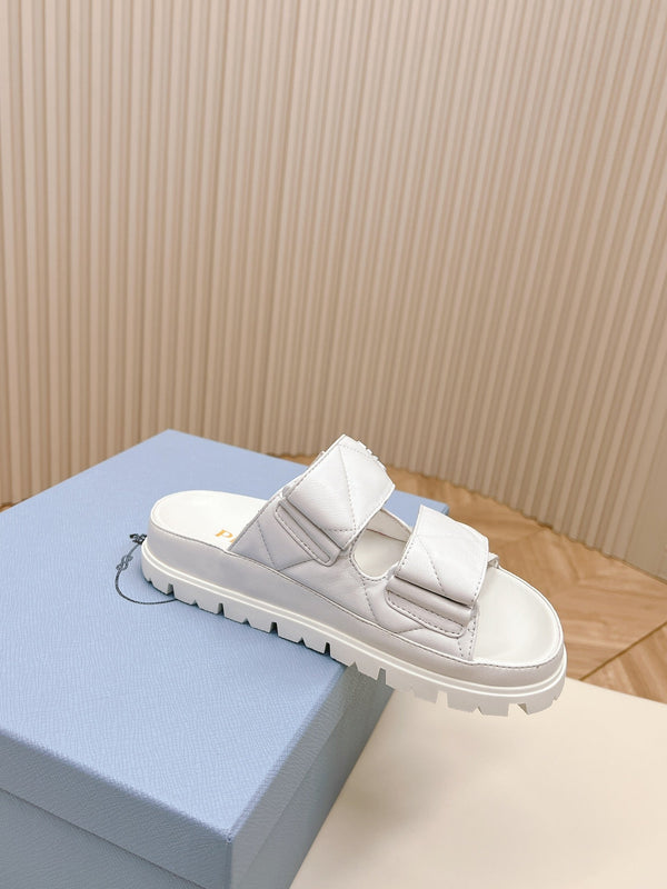 Pra Double Strap Quilted Slide 20 Pelle di vitello bianca