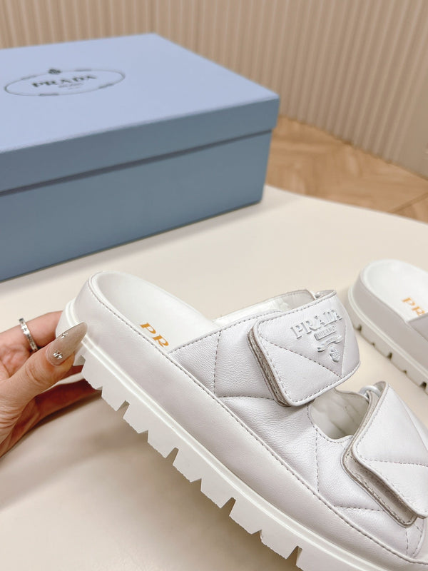 Pra Double Strap Quilted Slide 20 Pelle di vitello bianca