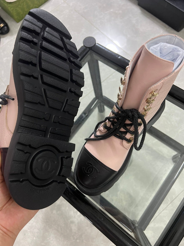 CC Combat Boots Pastel Pink Black Quilted Lambskin 944573