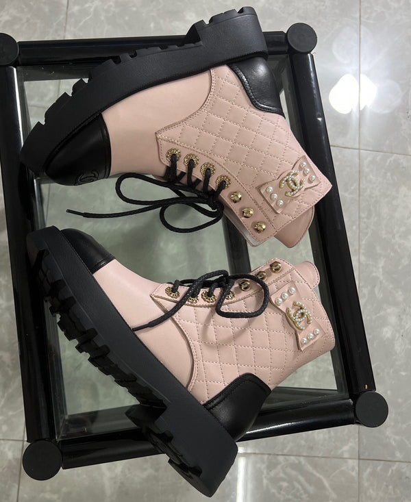 CC Combat Boots Pastel Pink Black Quilted Lambskin 944573