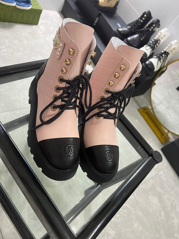 CC Combat Boots Pastel Pink Black Quilted Lambskin 944573