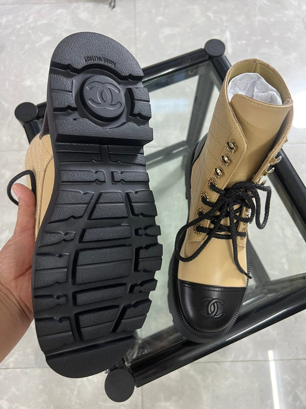 CC Combat Boots Dark Beige Black Quilted Lambskin 944575