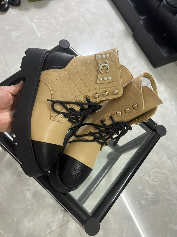 CC Combat Boots Dark Beige Black Quilted Lambskin 944575