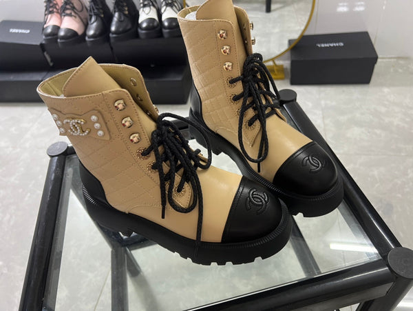 CC Combat Boots Dark Beige Black Quilted Lambskin 944575