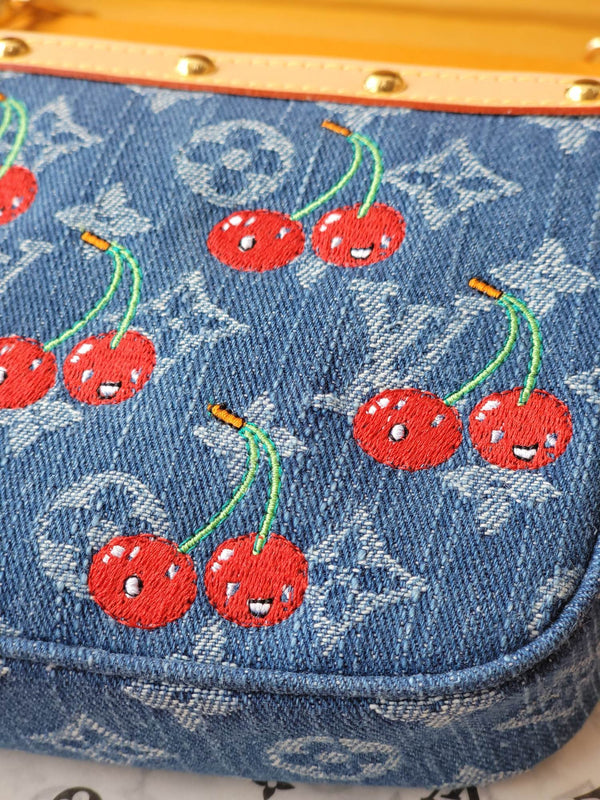 LV x TM M13994 Pochette Accessoires 22cm Blue Monogram Denim With Cherry Motif GHW