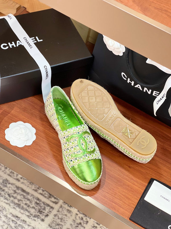 cc espadrilles beige green woolen cloth green metalic lambskin