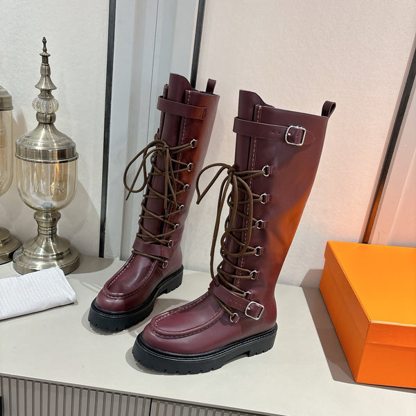 HM Lace Up Boots 25mm Belt Buckle Mauve Brown Leather 466590