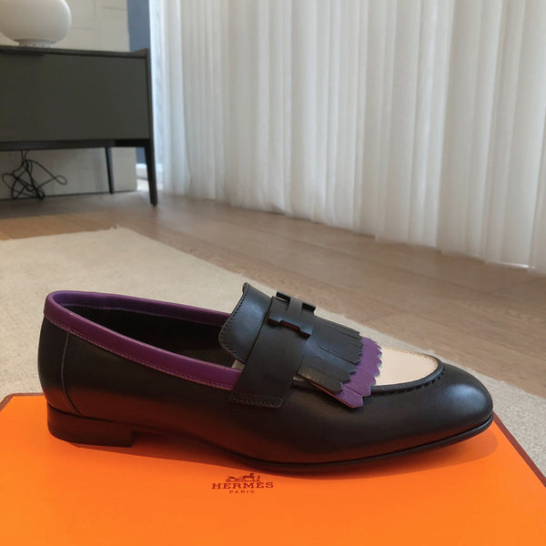Royal Loafer Black Mix Purple and White Calfskin With Fringe Detail And Black Signature Buckle 509413