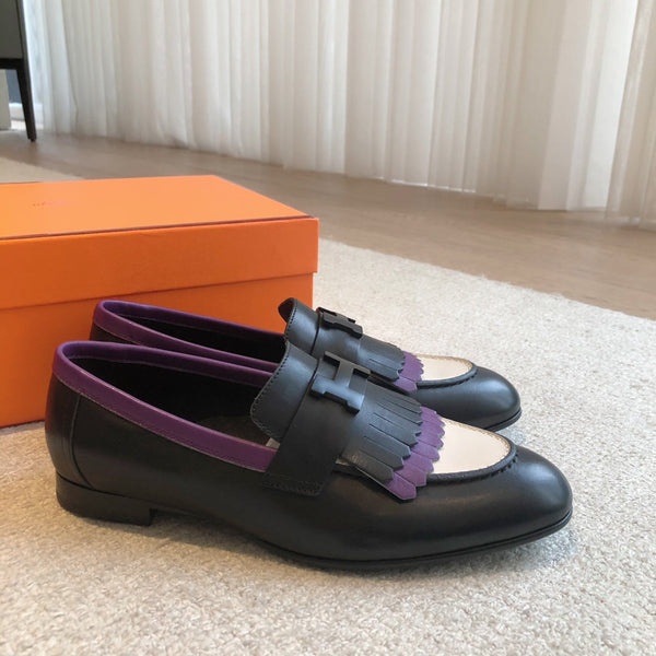 Royal Loafer Black Mix Purple and White Calfskin With Fringe Detail And Black Signature Buckle 509413