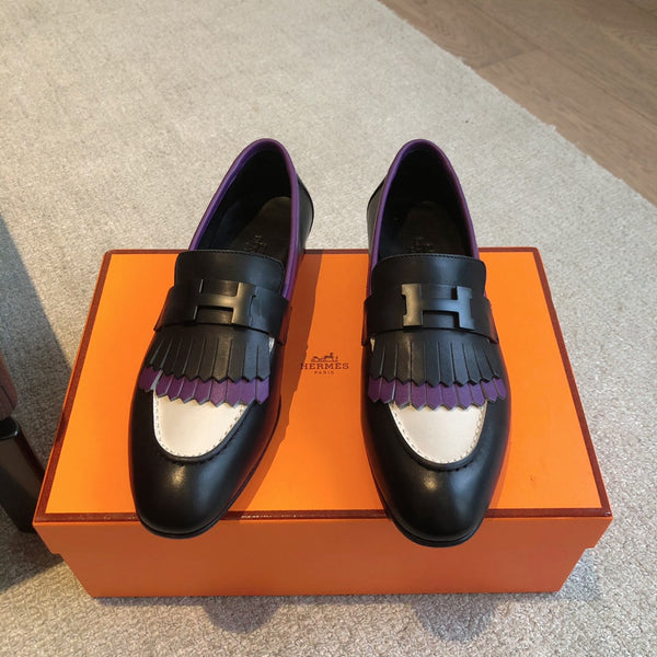 Royal Loafer Black Mix Purple and White Calfskin With Fringe Detail And Black Signature Buckle 509413