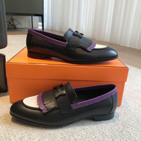 Royal Loafer Black Mix Purple and White Calfskin With Fringe Detail And Black Signature Buckle 509413
