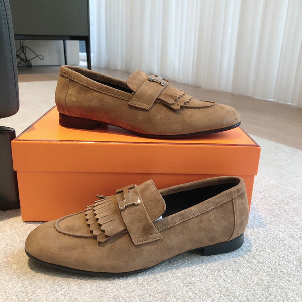 Royal Loafer Brown Suede Calfskin With Fringe Detail And Brown Silver Signature Buckle 509433