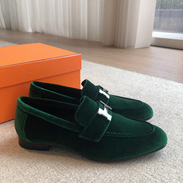 Paris Loafer Green Velvet Fabric With Silver Signature Buckle 509393