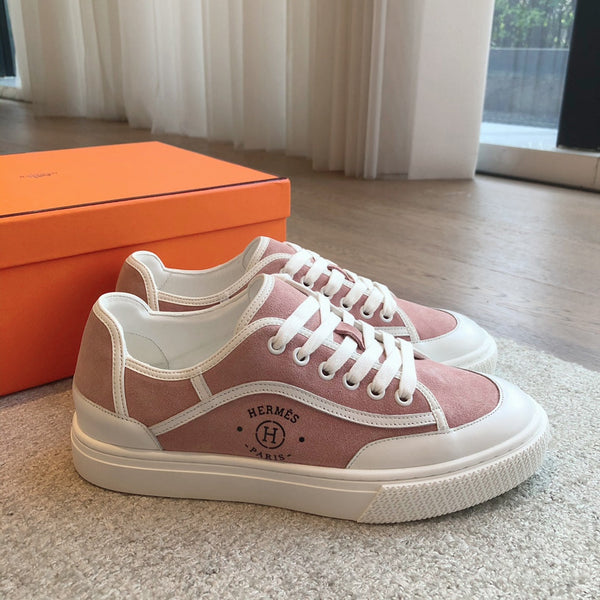 SCARPE DA SNEAKER IN PELLE DI VITELLO BIANCA E CAMOSCIO ROSA