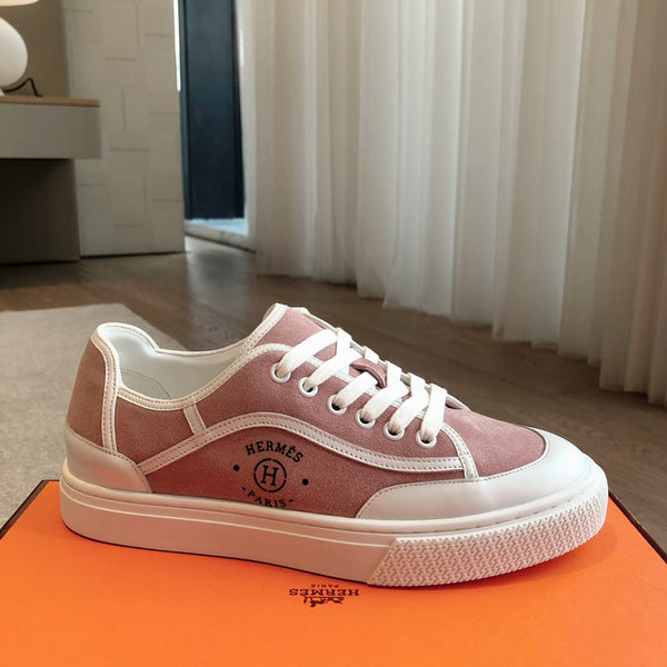 SCARPE DA SNEAKER IN PELLE DI VITELLO BIANCA E CAMOSCIO ROSA