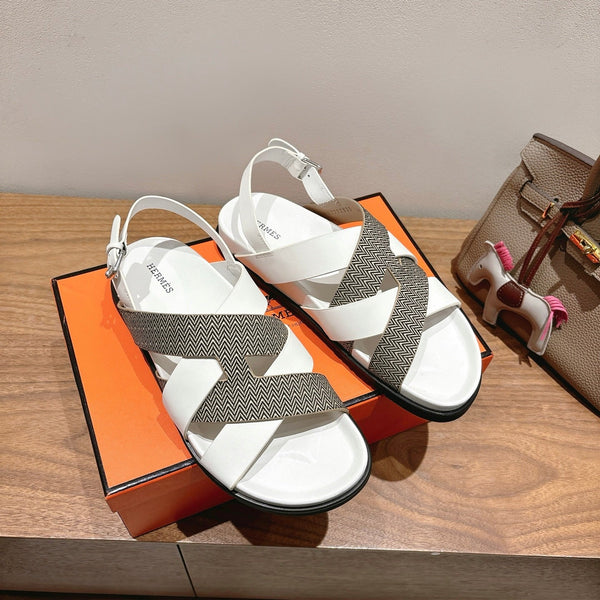 HM 25 Heracles Sandal White Calfskin Grey Canvas