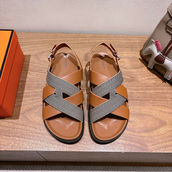 HM 25 Heracles Sandal Brown Calfskin Dark Grey Canvas