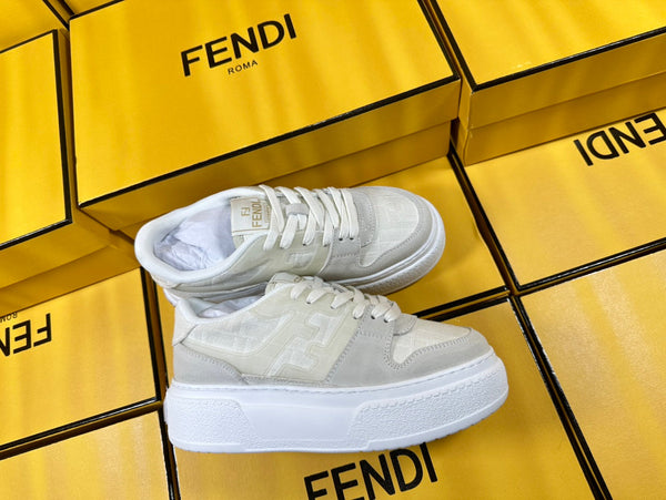 FENDI THICK-SOLDED SNEAKER IN WHITE SUEDE AND MONOGRAM FABRIC