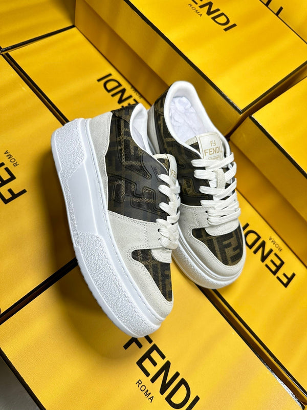 FENDI THICK-SOLDED SNEAKER IN WHITE SUEDE AND BROWN MONOGRAM FABRIC