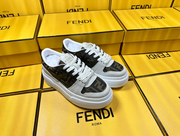 FENDI THICK-SOLDED SNEAKER IN WHITE SUEDE AND BROWN MONOGRAM FABRIC