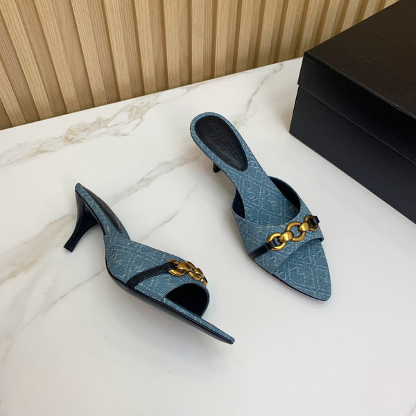 SL CHAIN ATTACH HEELED MULES CERULEAN DENIM