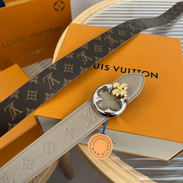 Cintura reversibile LV Flowergram Round 30mm in pelle di vitello grigio marrone ricamata